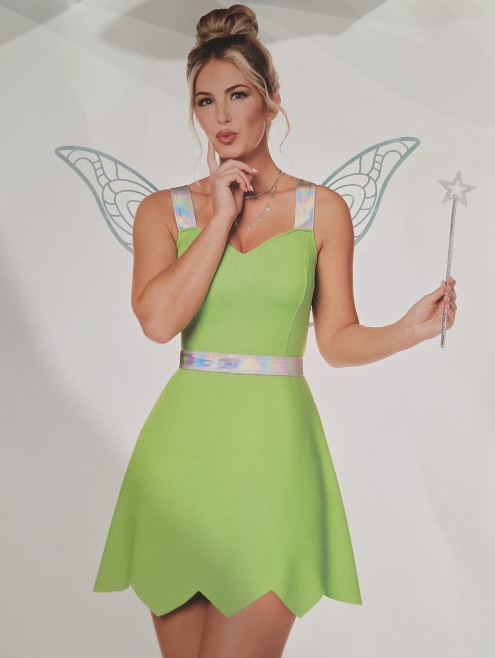 Green Fairy Tinkerbell A-Line Dress Costume with Iridescent Trim